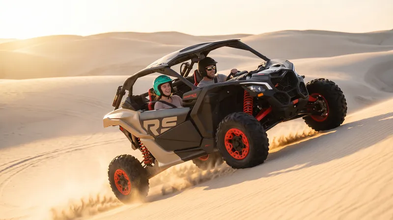 Couple in sunglasses with a Can-Am Maverick on the dunes